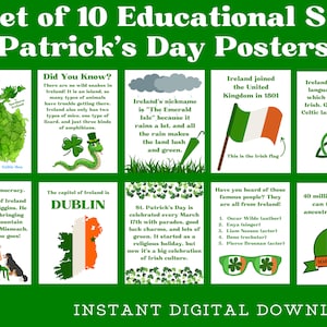 Puede incluir: Conjunto de 10 pósters educativos sobre Irlanda para el Día de San Patricio. Los pósters presentan ilustraciones de acuarela de Irlanda, tréboles, serpientes y la bandera irlandesa. Los pósters también incluyen datos sobre Irlanda, como su apodo, su historia y sus personajes famosos.