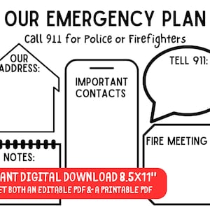 4 VERSIONS: EDITABLE+ PRINTABLE PDFs-Family Emergency Plan-Command Center-Entryway Kitchen-Crisis Chart-911 999 Phone Address-Fire Safety