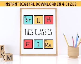 May include: A printable classroom sign with a white background and a wooden frame. The sign features a colorful periodic table design with the text "This class is FIRE" written in black.