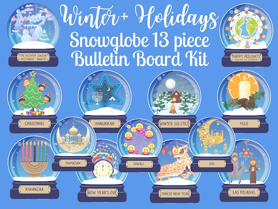Snowglobe Winter Holiday Bulletin Board Kit-Set-Classroom Decor Bundle-Inclusive Christmas Set-Elementary Kindergarten-Diverse-Hanukkah-Snow