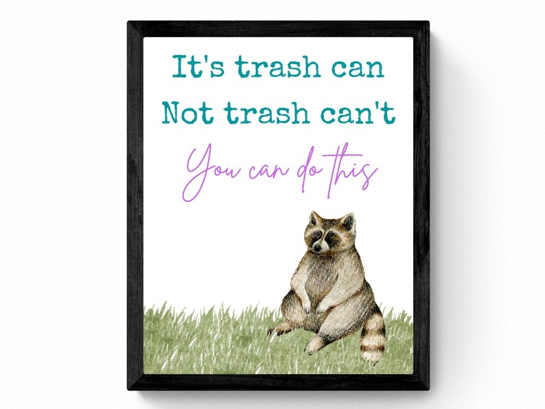 Puede incluir: Una impresi&oacute;n enmarcada con una cita motivacional: "It's trash can, not trash can't. You can do this." La cita est&aacute; en texto turquesa y morado. Un mapache de dibujos animados se sienta en la hierba verde.