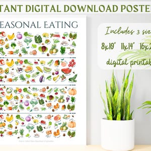 Seasonal Produce Watercolor Print | Seasonal Fruits & Vegetables Chart | Digital Download Educational Kitchen Classroom Decor in 3 Sizes