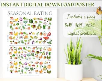 Puede incluir: Un póster digital titulado "Comida de temporada" muestra ilustraciones de frutas y verduras categorizadas por estación: primavera, verano, otoño e invierno. El póster incluye el texto "Incluye 3 tamaños: 8x10", 11x14", 16x20", impresión digital."