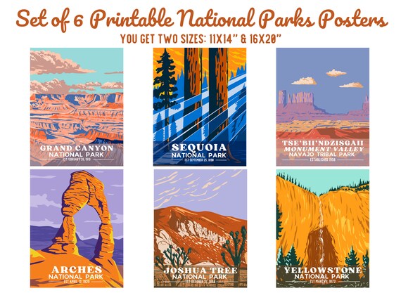 Set of 6 POSTERS in 2 SIZES! National Park Posters-retro Wpa-grand