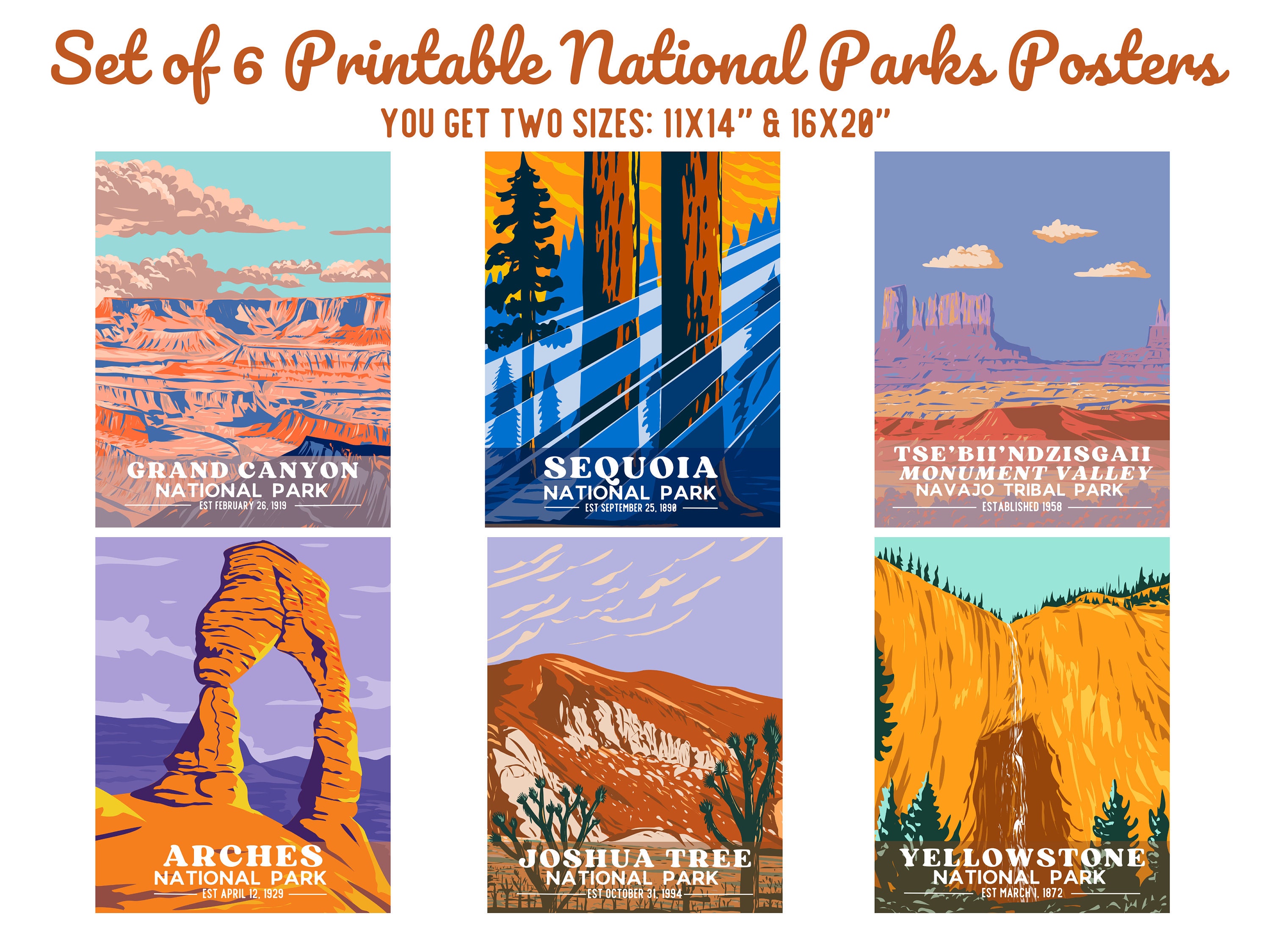 Set of 6 POSTERS in 2 SIZES! National Park Posters-retro Wpa-grand
