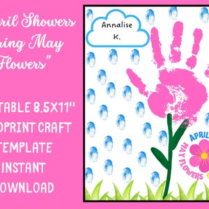 Spring Fingerprint + Handprint Craft Printable-April Showers May Flowers-Art Craft-Class Daycare Kindergarten Classroom Preschool Activity