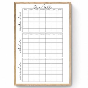 Könnte beinhalten: Druckbarer Kalender für September, Oktober und November. Der Kalender trägt den Titel "Our Fall" und enthält die Wochentage von Sonntag bis Samstag.