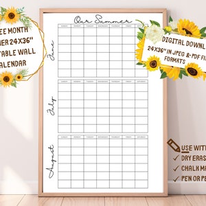 Summer 3 Month XL Wall Calendar Planner-Vacation Rental Home Office-Giant Huge-Family Command Center-Three-Organizer-Dry Erase Chalk Marker