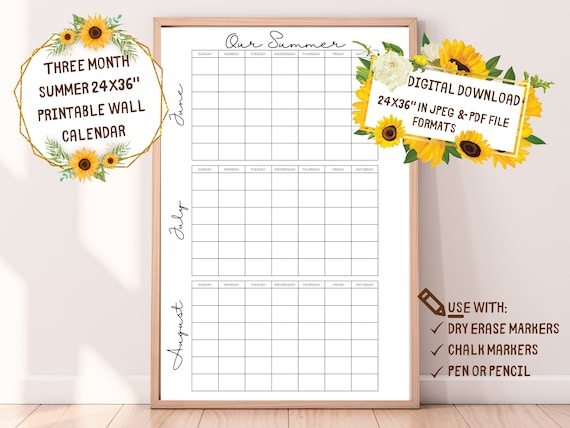 Summer 3 Month XL Wall Calendar Planner-vacation Rental Home Office-giant  Huge-family Command Center-three-organizer-dry Erase Chalk Marker - Etsy