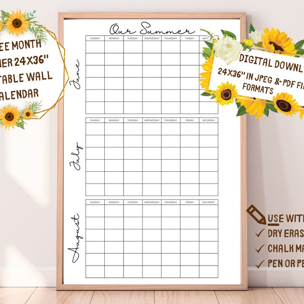 Summer 3 Month XL Wall Calendar Planner-Vacation Rental Home Office-Giant Huge-Family Command Center-Three-Organizer-Dry Erase Chalk Marker