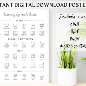 以下が含まれることがあります： 洗濯、漂白、ドライクリーニング、乾燥、アイロンがけの指示を含む、ランドリー記号が記載された白いポスター。 ポスターには、21.6 x 27.9 cm、27.9 x 35.6 cm、40.6 x 50.8 cmの3つのサイズがあります。 上部には「Instant Digital Download Poster」という文字があります。