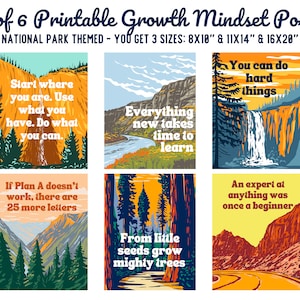 Set of 6 POSTERS in 3 SIZES! National Parks Themed Growth Mindset Classroom Decor-Retro WPA Prints-Inspirational Quotes-Learning-Camp Woods