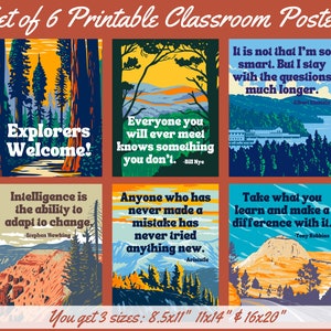 Set of 6 POSTERS in 3 SIZES! National Parks Themed Motivational Classroom Posters-Retro WPA Posters-Inspirational Quotes-Learning-Camp Woods