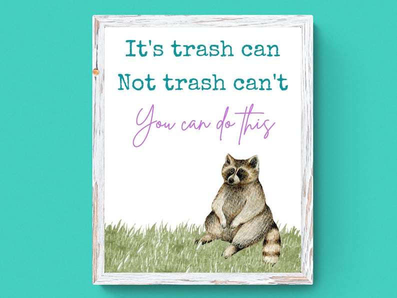 Puede incluir: Una impresi&oacute;n enmarcada en blanco con una cita motivacional: "It's trash can. Not trash can't. You can do this." La cita est&aacute; en texto negro con un "You can do this" en cursiva p&uacute;rpura. Un mapache de dibujos animados est&aacute; sentado en la hierba verde en la parte inferior de la impresi&oacute;n.