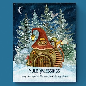 4 SIZES-Yule Blessing Print or Card-Pagan Holiday Decor-Cottagecore Aesthetic-Winter Forest Snow-Gnome Magical Fantasy-Whimsical Witchy Sign