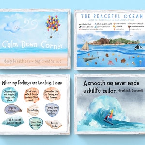 SET of 4 POSTERS in 4 SIZES! Calm Down Corner Ocean Themed Classroom Decor Prints-Feelings Emotions-Beach Theme Signs-Class Set Bundle Pack