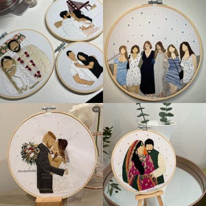 May include: Five embroidered hoop art pieces featuring different scenes. The first hoop shows a couple in a wedding ceremony. The second hoop shows a couple in a wedding ceremony. The third hoop shows a group of people. The fourth hoop shows a couple in a wedding ceremony. The fifth hoop shows a couple in a wedding ceremony.