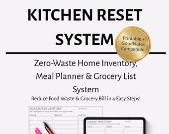 Système de réinitialisation hebdomadaire de la cuisine | Inventaire de cuisine zéro déchet, planificateur de repas + liste de courses | Imprimable + GoodNotes