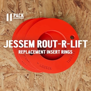 May include: Three red replacement insert rings for a Jessem Rout-R-Lift. The rings have "Tighten" and "Loosen" markings.