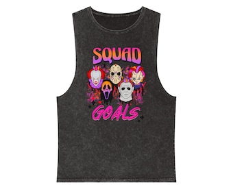 Camiseta sin mangas con máscaras de terror y temática retro de asesinos en serie.