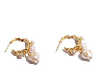 Freshwater Baroque Pearl Earring| 18K Gold Pated| Ear Hoop| Silver Stud| Lady Pearl Earring| Wedding and Formal Occasion