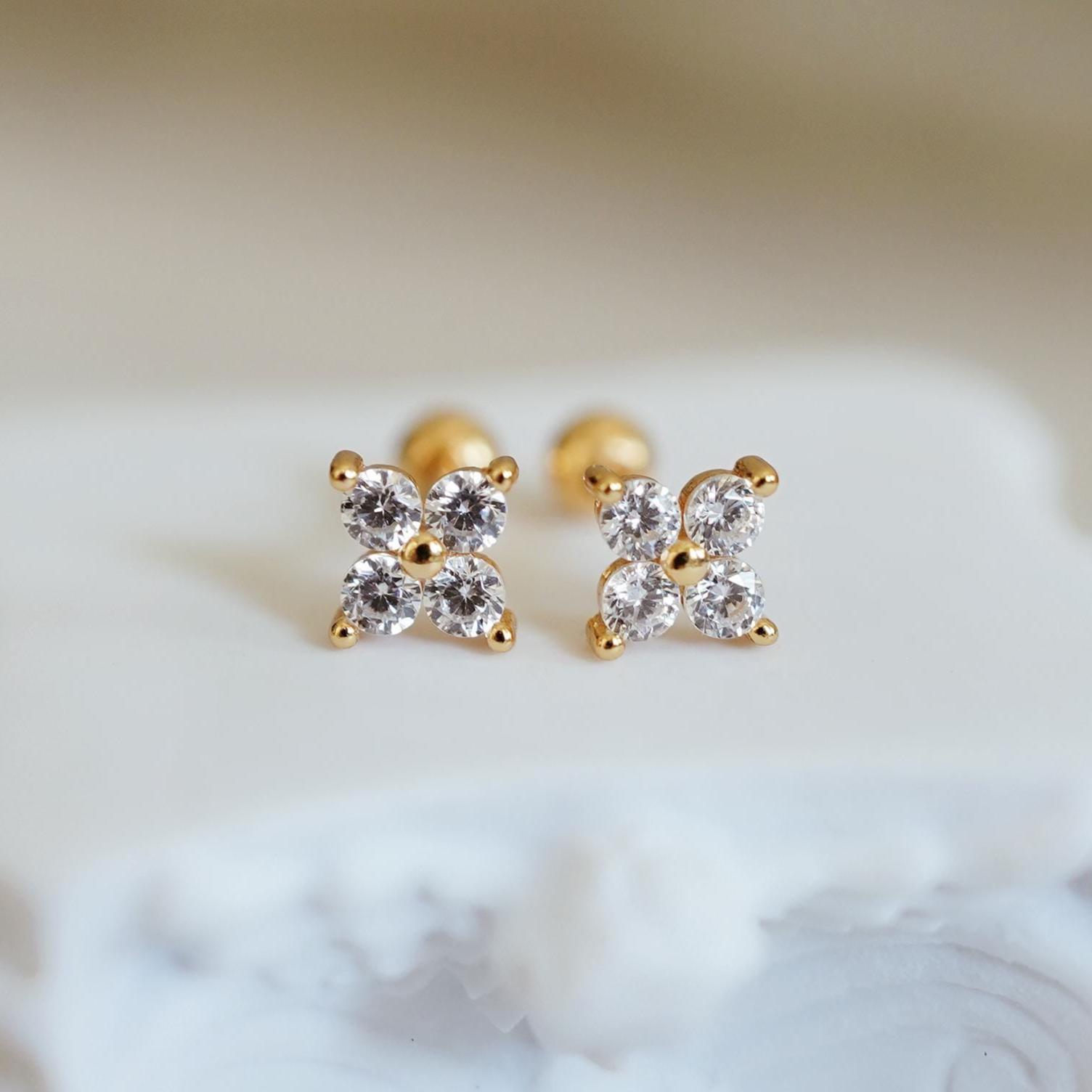 Flower Lucky Clover Silver/Rose Gold/Gold Pave Cubic Zirconia Stud Earrings