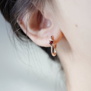 Ruby Red Rose Gold Hoop Earring|Heart Shape CZ Hoop Earring| Single CZ|U Link Huggie Earring|14K Gold-Filled Sterling Silver|Gift For Mother