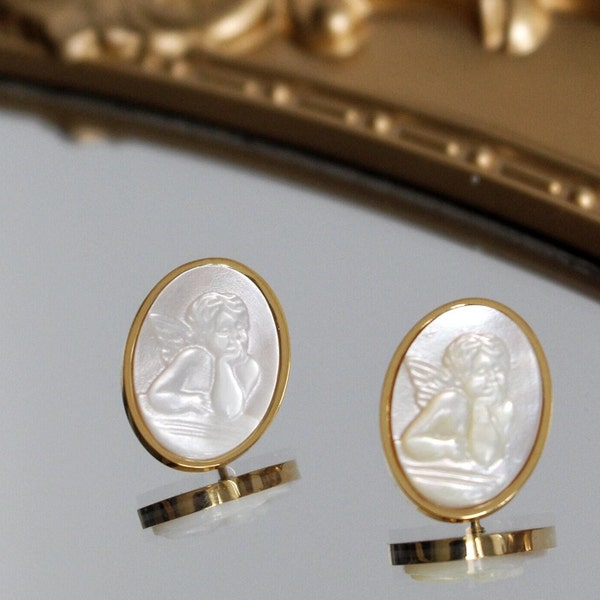 Perlmutt Engel Cameo Ohrring |18K Gold | Vintage Gold Muschel Ohrring | Perlmutt Ohrring|Fritillaria Ohrring| Hochzeit Ohrringe