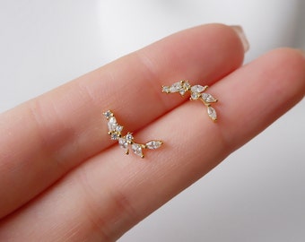 CZ Leaf Stud Earrings|Tiny CZ Leaf Stud Earring|Sparkling Leaf Branch|14k Sterling Silver|Gold Zircon Olive Leaf Branch Earring|Gift for Mom