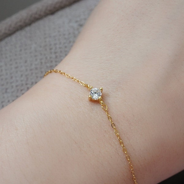 CZ Solitaire Gold Chain Bracelet|Diamond Cut CZ|Single CZ Chain Braceletlassic Solitaire Bra|Tiny Bracelet|925 Sterling Silver|14k Gold|