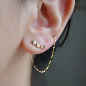 Threader Earrings|CZ Star Threader Earrings|Gold Star Threaders|CZ Shooting Star Climber Earring|Dangle Long Chain Ear Line|Chain Earring