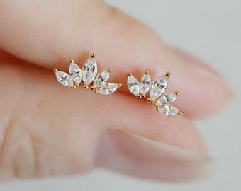 Lotus CZ Stud Earrings|CZ Leaf Earrings|Marquise Cut|14K Gold-Filled Sterling Silver|Cartilage/Helix|Screwback Earrings|Bridal Stud Earrings