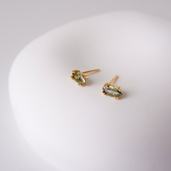 Olive Green Zirconia Earrings|Emerald Stud|14K Gold-Filled Sterling Silver|Cartilage/Helix|Tiny Oval Shape Crystal Earrings|Hypoallergenic