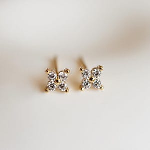 CZ Tiny Flower Stud Earring|Four Leaf Crystal Stud Earring|Lucky Clover Stud14k Sterling Silver|Screwback Earrings|Hydrangea Flower Earring
