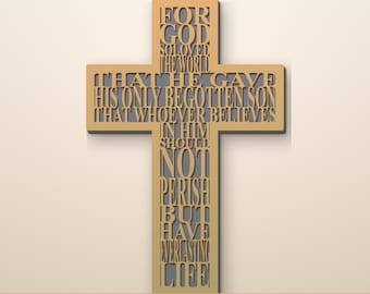 Peut inclure: Une croix en bois avec l'inscription "Car Dieu a tant aimé le monde qu'il a donné son Fils unique, afin que quiconque croit en lui ne périsse point, mais qu'il ait la vie éternelle." La croix est de couleur marron clair.