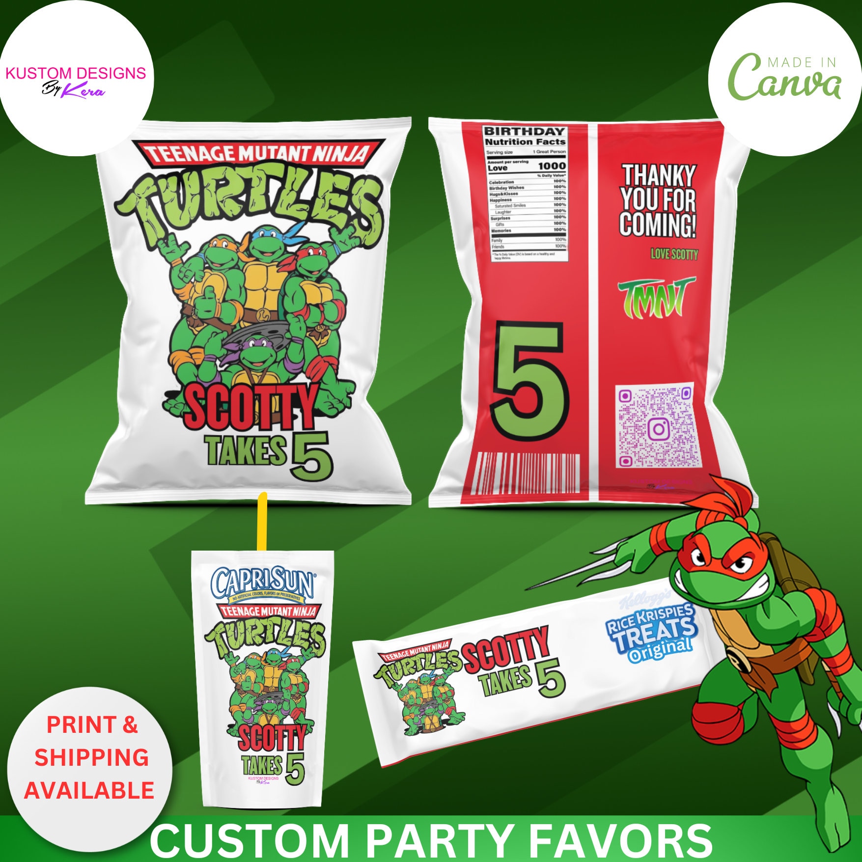 Personal Size Ninja Turtles Birthday Party Pizza Box 