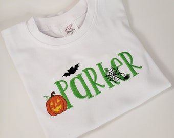 Personalized embroidered Halloween tshirt for kids and toddlers, Girls spooky ghost shirt name, Boys tee with monster bat and spiderwebs