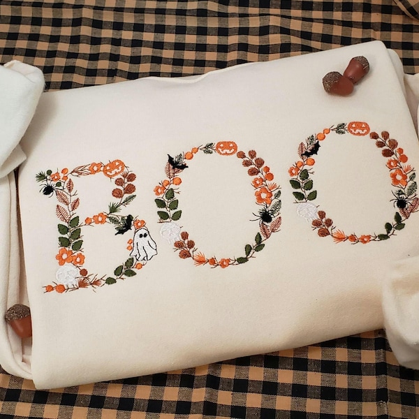 Sudadera unisex con cuello redondo y bordado Boo Heirloom, suéter fantasmal de Halloween para mujeres y hombres, camisa moderna con hojas de otoño y murciélago