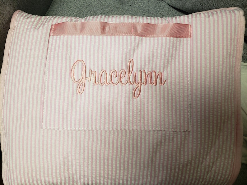 Personalized Embroidered Seersucker and Minky Nap Mat for toddlers and kids with attached pillow and blanket image 4