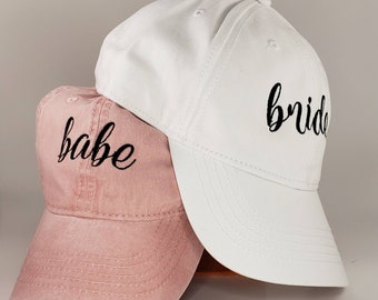 Bridal or Bachelorette Party baseball caps, personalized embroidered bride baseball hat, bride and babe hats, bridesmaid proposal gift