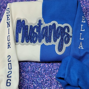 Team Name Two-Tone Split Embroidered Crewneck Sweatshirt, Custom Double Applique Mascot Pullover