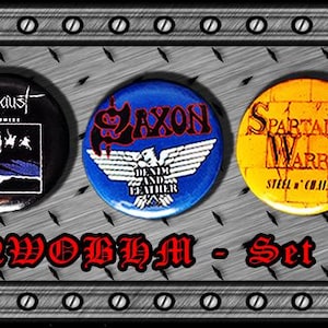 Heavy Metal Button Pins Badges - 25mm/1 inch - NWOBHM SET 2 - Battleaxe Holocaust Saxon Spartan Warrior Tank