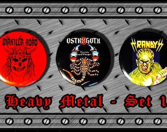 Button Pins Badges - 25 mm/1 inch - Button Pins Badges - 25 mm/1 inch - Heavy Metal SET 1 - Alien Force Manilla Road Ostrogoth Randy Thor