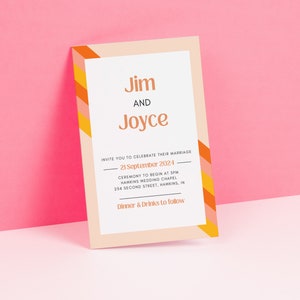 May include: A wedding invitation with a peach background and orange and yellow stripes on the side. The text reads "Jim and Joyce Invite you to celebrate their marriage 21 September 2024 Ceremony to begin at 5pm Hawkins Wedding Chapel 254 Second Street, Hawkins, IN Dinner & Drinks to follow"