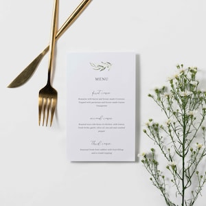 Plantilla de menú de boda con rama de olivo y vegetación