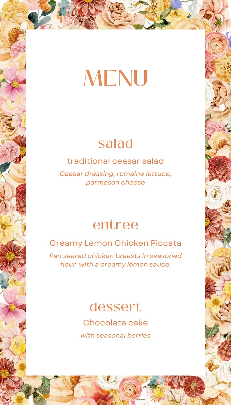 Spring Flowers Wedding Menu Template | Orange Wedding Menu - Etsy