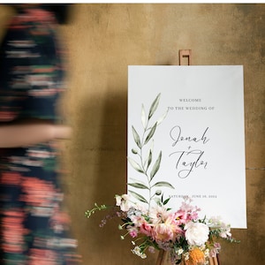 Modello di cartello di benvenuto per matrimonio con ramo d'ulivo, cartello di benvenuto per matrimonio nel verde