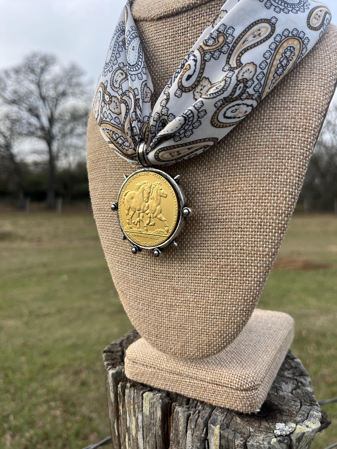 Coin Rag The Paisley Silk Wild Rag With Gold & Silver Double Horse Belgium Coin ...