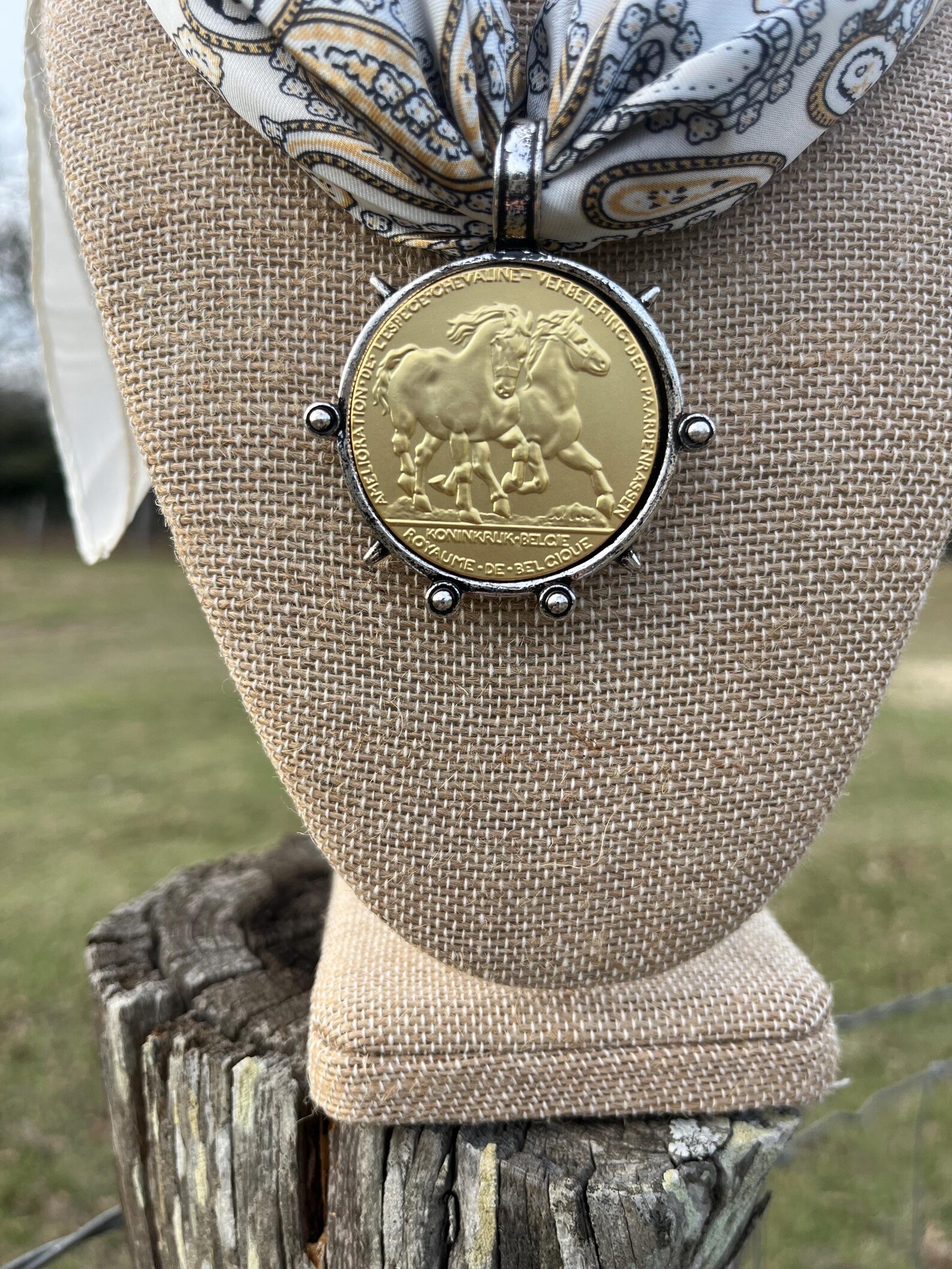 Coin Rag The Paisley Silk Wild Rag With Gold & Silver Double Horse Belgium Coin ...
