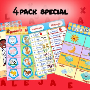 4er Pack A3 Vorschulkind Wasserfest Poster in Lingala und Englisch, Lingala lernen, Geschenke für Kleinkinder, afrikanische Geschenke, Kongolesische Kinder